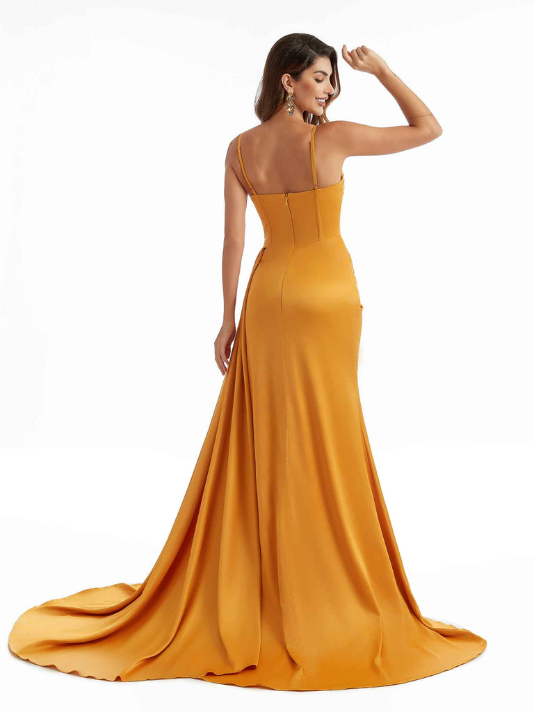 Simple Soft Satin Side Slit Spaghetti Straps Long Mermaid Bridesmaid Dresses Online