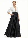 Elegant Black And White Satin V-Neck A-Line Half Sleeves Floor-Length Mother Of The Bride Dresses