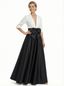 Elegant Black And White Satin V-Neck A-Line Half Sleeves Floor-Length Mother Of The Bride Dresses