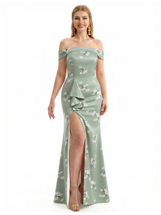 Simple Off Shoulder Side Slit Mermaid Long Satin Floral Formal Evening Dresses For Ladies