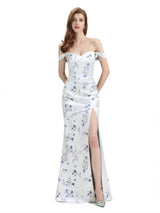 Elegant Off Shoulder Mermaid Side Slit Floral Satin Maxi Floral Formal Dresses For Women