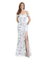 Elegant Off Shoulder Mermaid Side Slit Floral Satin Maxi Floral Formal Dresses For Women