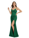 ChicSew Elegant Ruched Jacquard Satin Spaghetti Straps Side Slit Mermaid Long Formal Evening Dresses