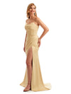 Women's Ruched Satin Long Mermaid Wedding Bridesmaid Gownes Slit Online