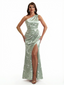 Simple One Shoulder Side Slit Mermaid Floral Satin Maxi Floral Formal Dresses For Women