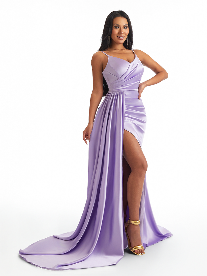 Sexy Spaghetti Straps Side Slit Mermaid Soft Satin Long Bridesmaid Dresses