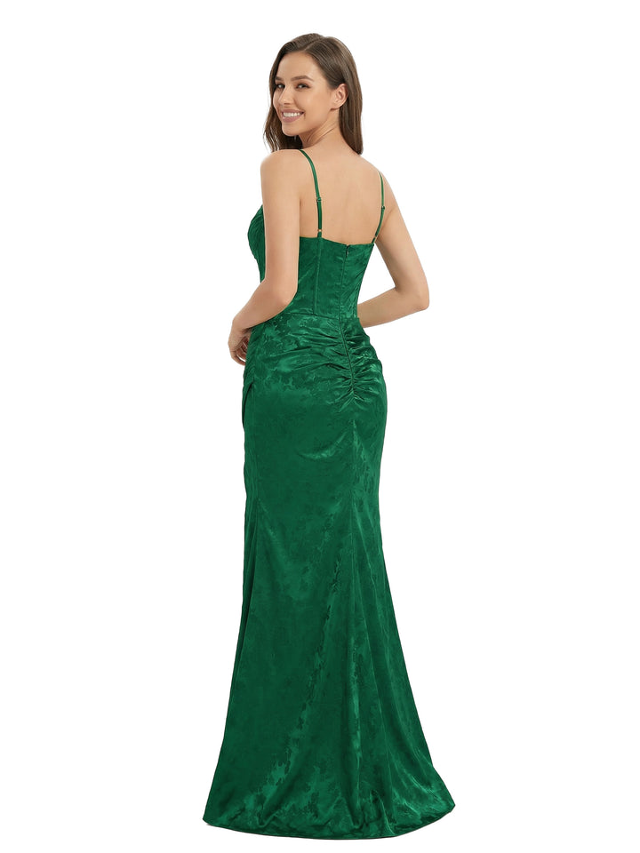 ChicSew Elegant Ruched Jacquard Satin Spaghetti Straps Side Slit Mermaid Long Formal Evening Dresses