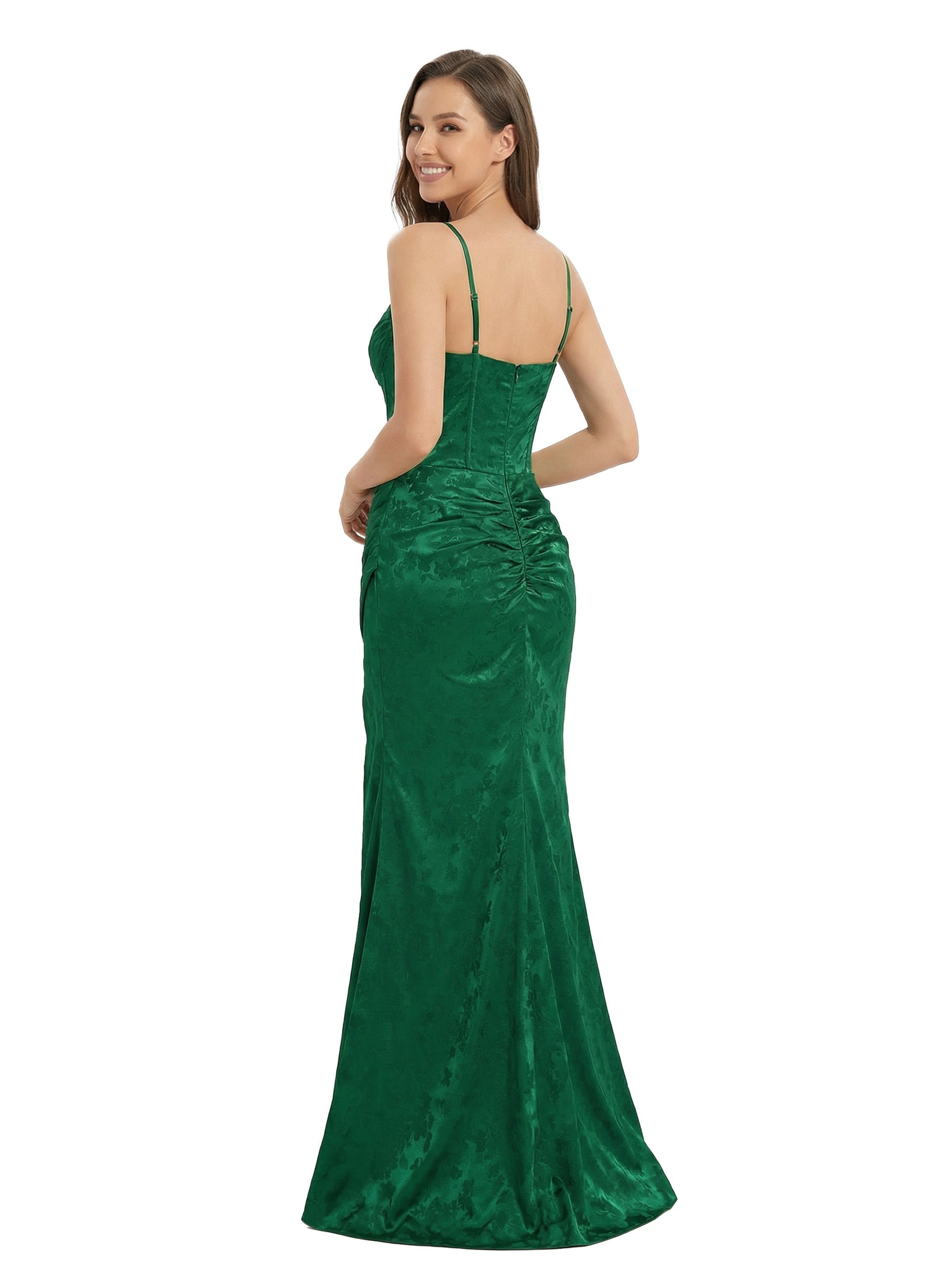 ChicSew Elegant Ruched Jacquard Satin Spaghetti Straps Side Slit Mermaid Long Formal Evening Dresses