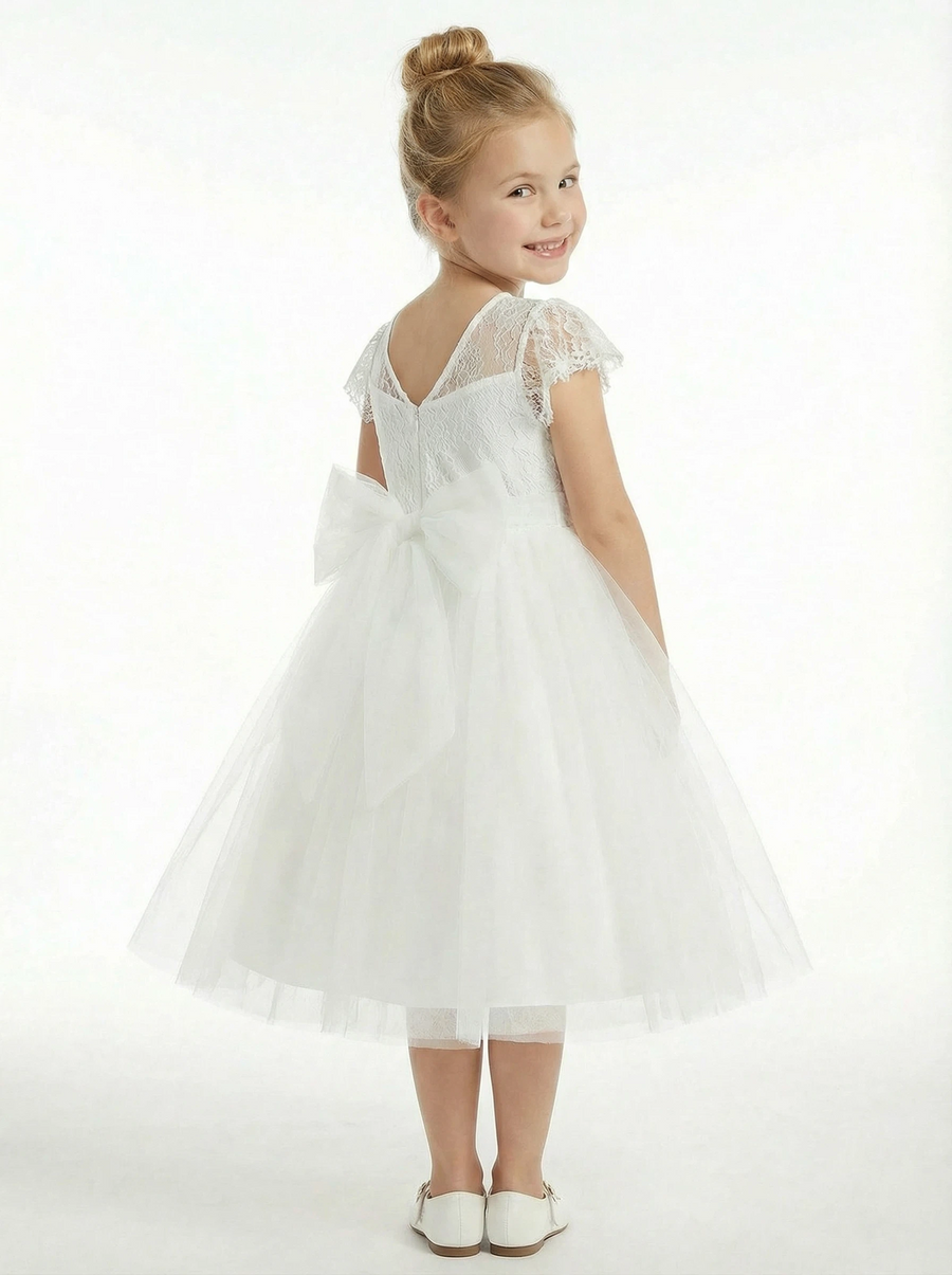 Illusion Neck Lace Bodice Flower Girl Dress with Cap Sleeves and Classic Tulle Skirt