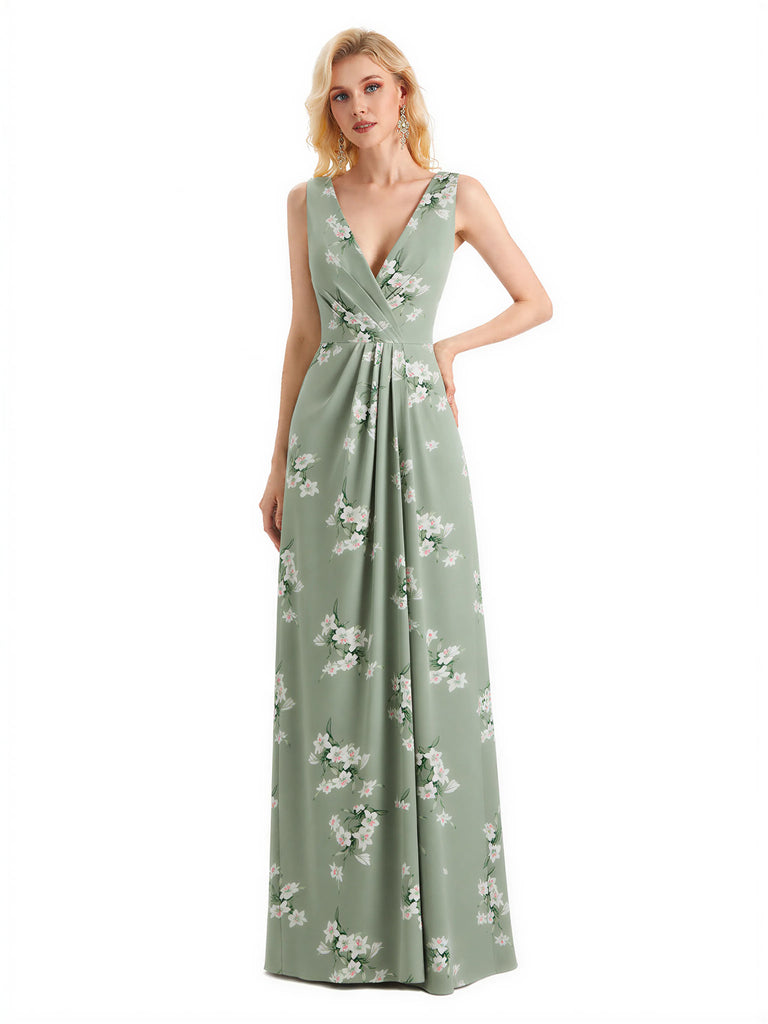 Beautiful V-Neck Mermaid Floral Satin Maxi Floral Formal Dresses For Women