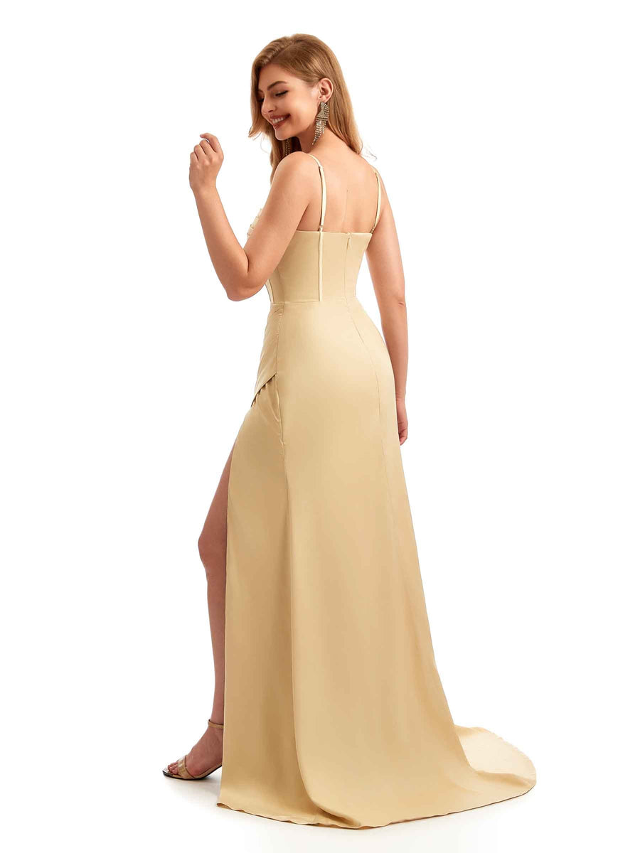 Women's Ruched Satin Long Mermaid Wedding Bridesmaid Gownes Slit Online