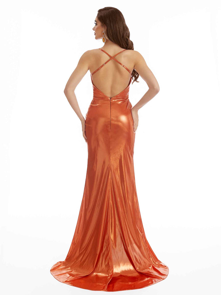 Sexy Mermaid Side Slit Ruched Formal Metallic Cross-Criss Back Long Dresses