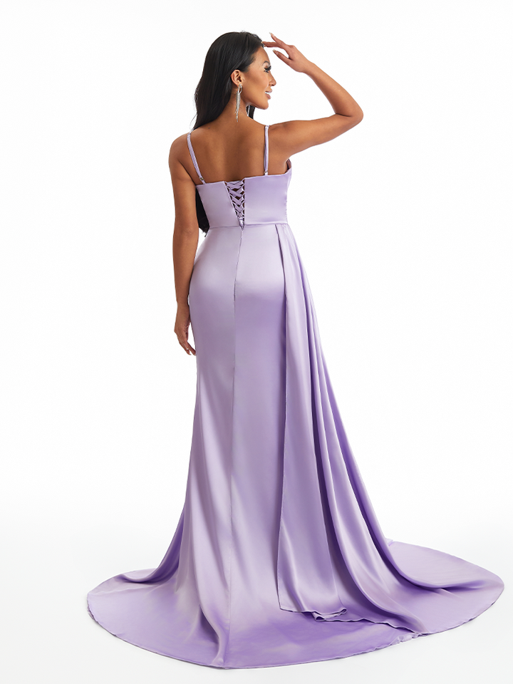 Sexy Spaghetti Straps Side Slit Mermaid Soft Satin Long Bridesmaid Dresses