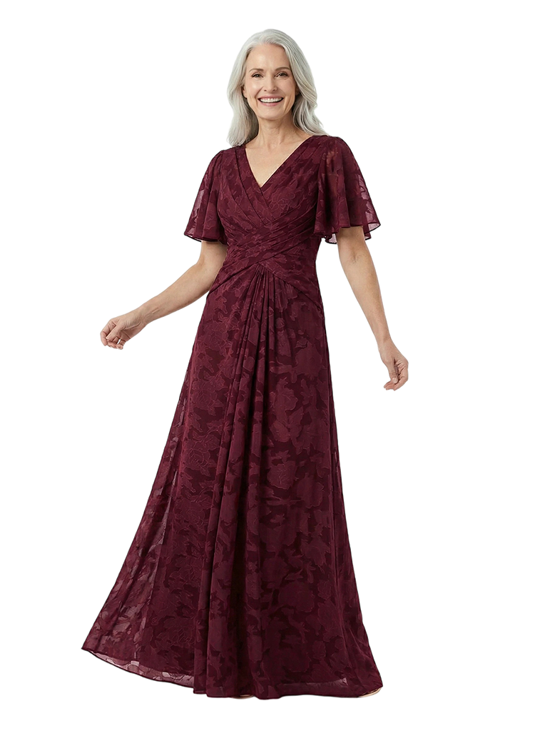 Chicsew Elegant V-Neck Short Sleeves Floral Burnout Chiffon A-line Formal Evening Dresses