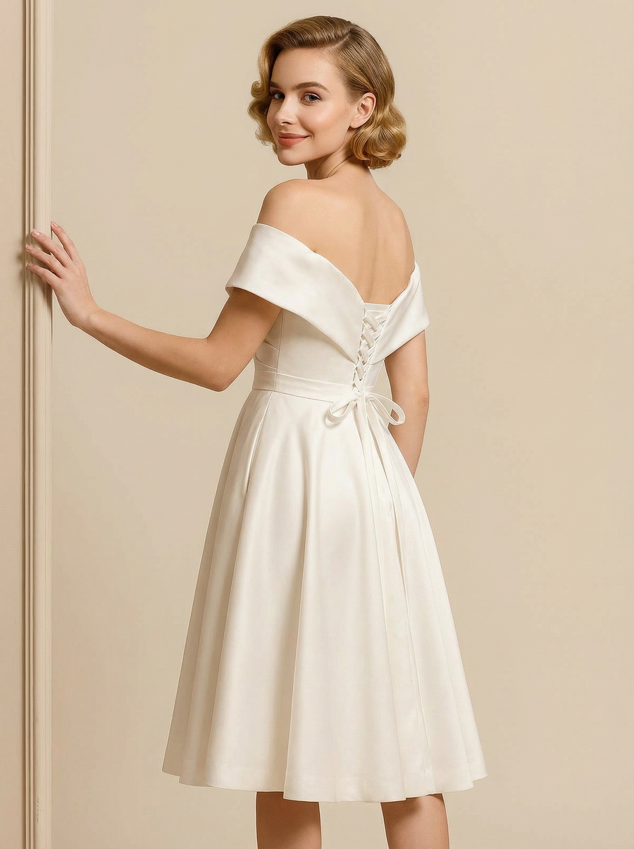 Cute A-line Off Shoulder V-neck Mini Short Satin Bridal Cocktail Dress