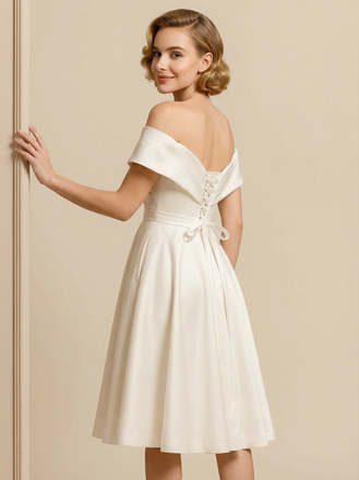 A-line Off Shoulder V-neck Mini Short Satin Wedding Dresses Online