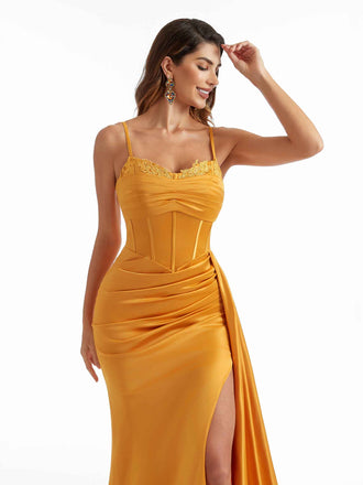 Simple Soft Satin Side Slit Spaghetti Straps Long Mermaid Bridesmaid Dresses Online