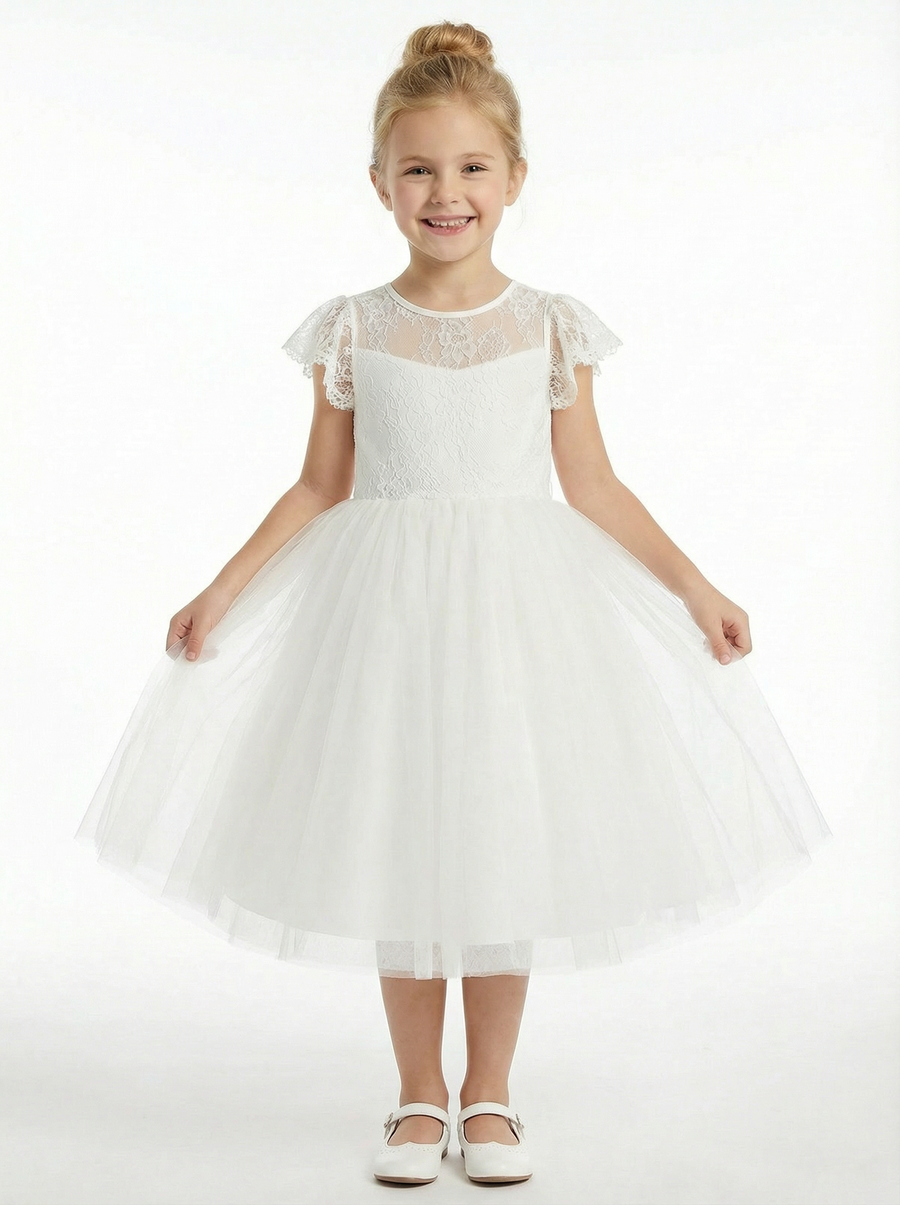 Illusion Neck Lace Bodice Flower Girl Dress with Cap Sleeves and Classic Tulle Skirt