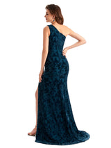 Elegant One Shoulder Mermaid Side Slit Floral Velvet Unique Long Bridesmaid Dresses