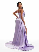 Sexy Spaghetti Straps Side Slit Mermaid Soft Satin Long Bridesmaid Dresses