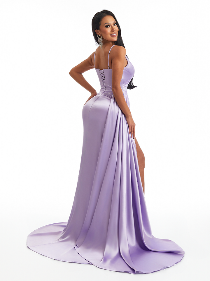 Sexy Spaghetti Straps Side Slit Mermaid Soft Satin Long Bridesmaid Dresses