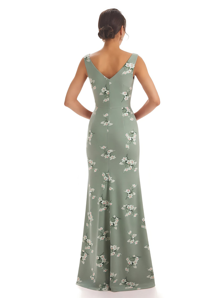 Trendy V-Neck Mermaid Floral Satin Maxi Floral Formal Evening Dresses For Women