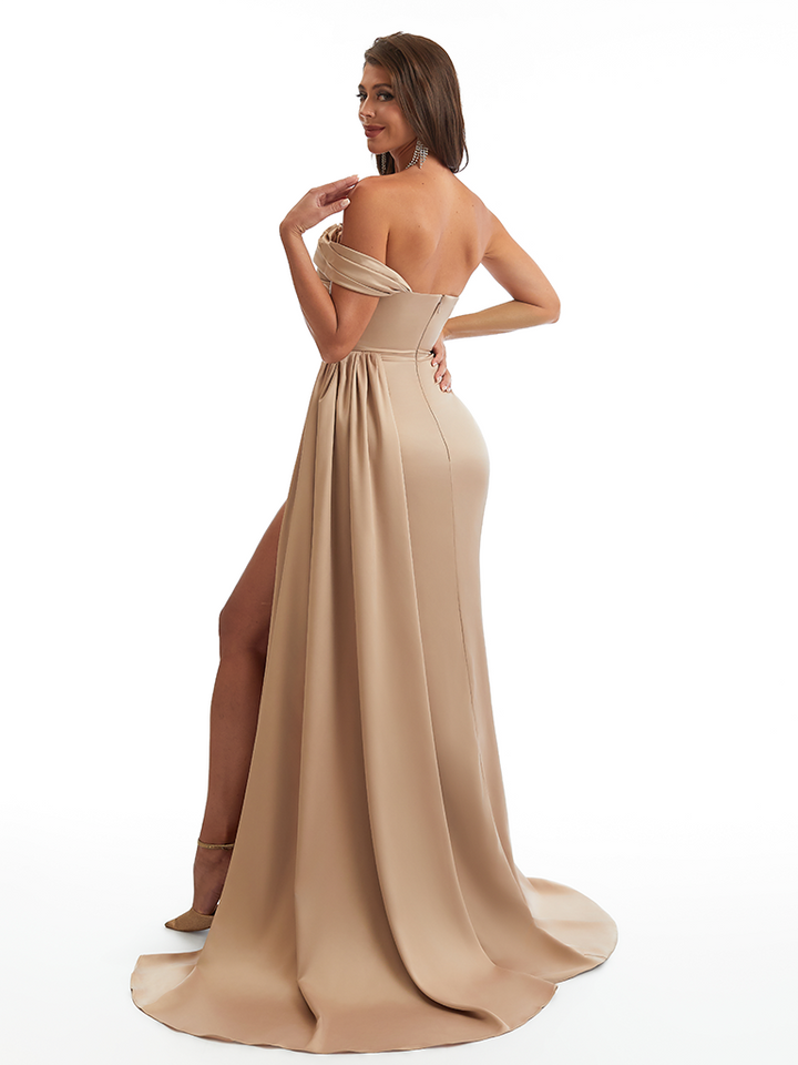 Sexy One Shoulder Side Slit Mermaid Soft Satin Long Bridesmaid Dresses Online