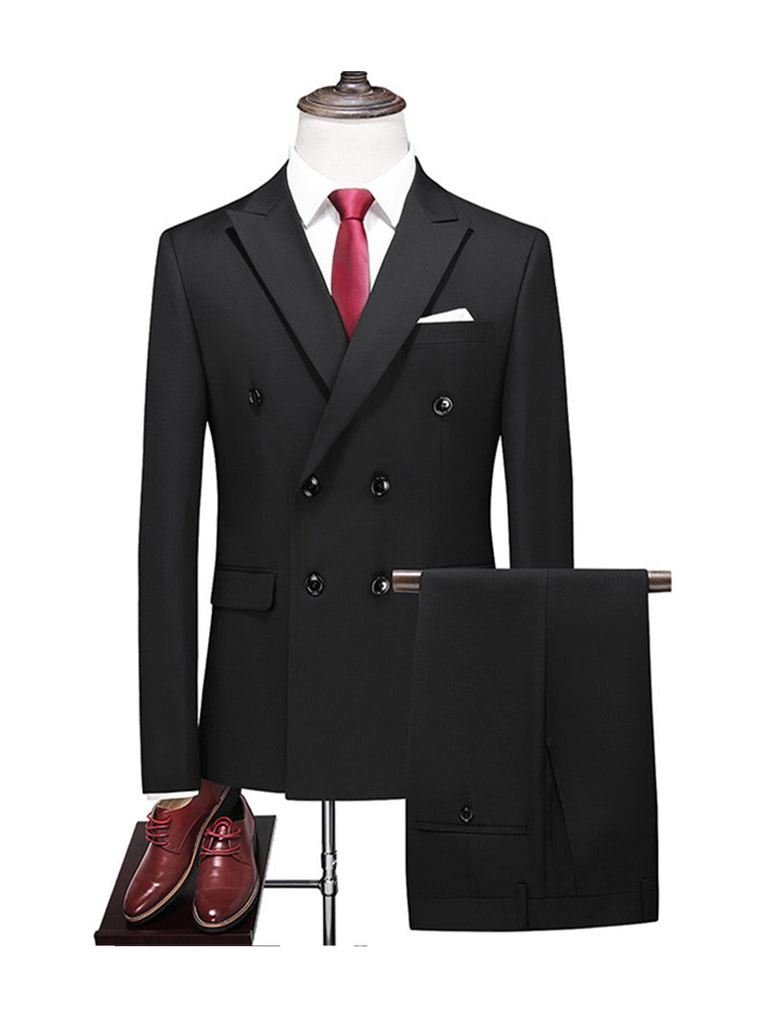 Black Casual Men's 3 pieces Suit Wide Peak Lapel Flat Tuxedo CN500