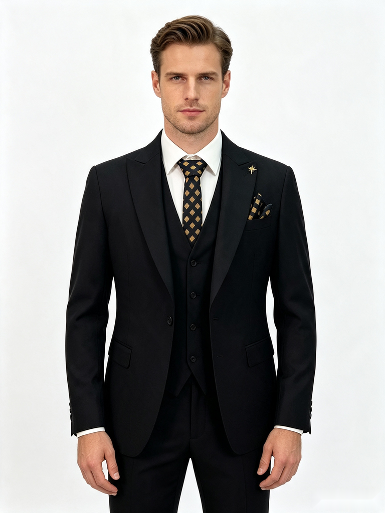 Classic 3 Piece Black Men's Suit with Regular Fit and Sophisticated Peak Lapel