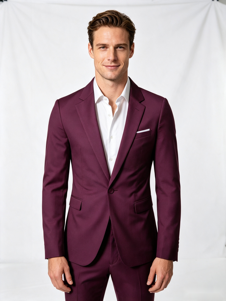 Classic 2 Piece Mulberry Men's Suit with Regular Fit and Sophisticated Peak Lapel