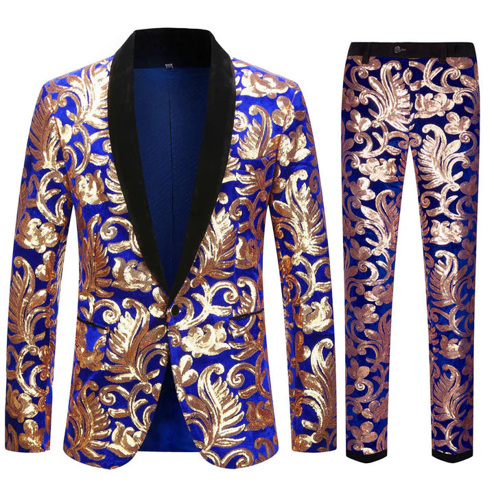 Men's 2-Piece Sequin Floral Embroidery Shawl Collar Tuxedo 5 Color CN418
