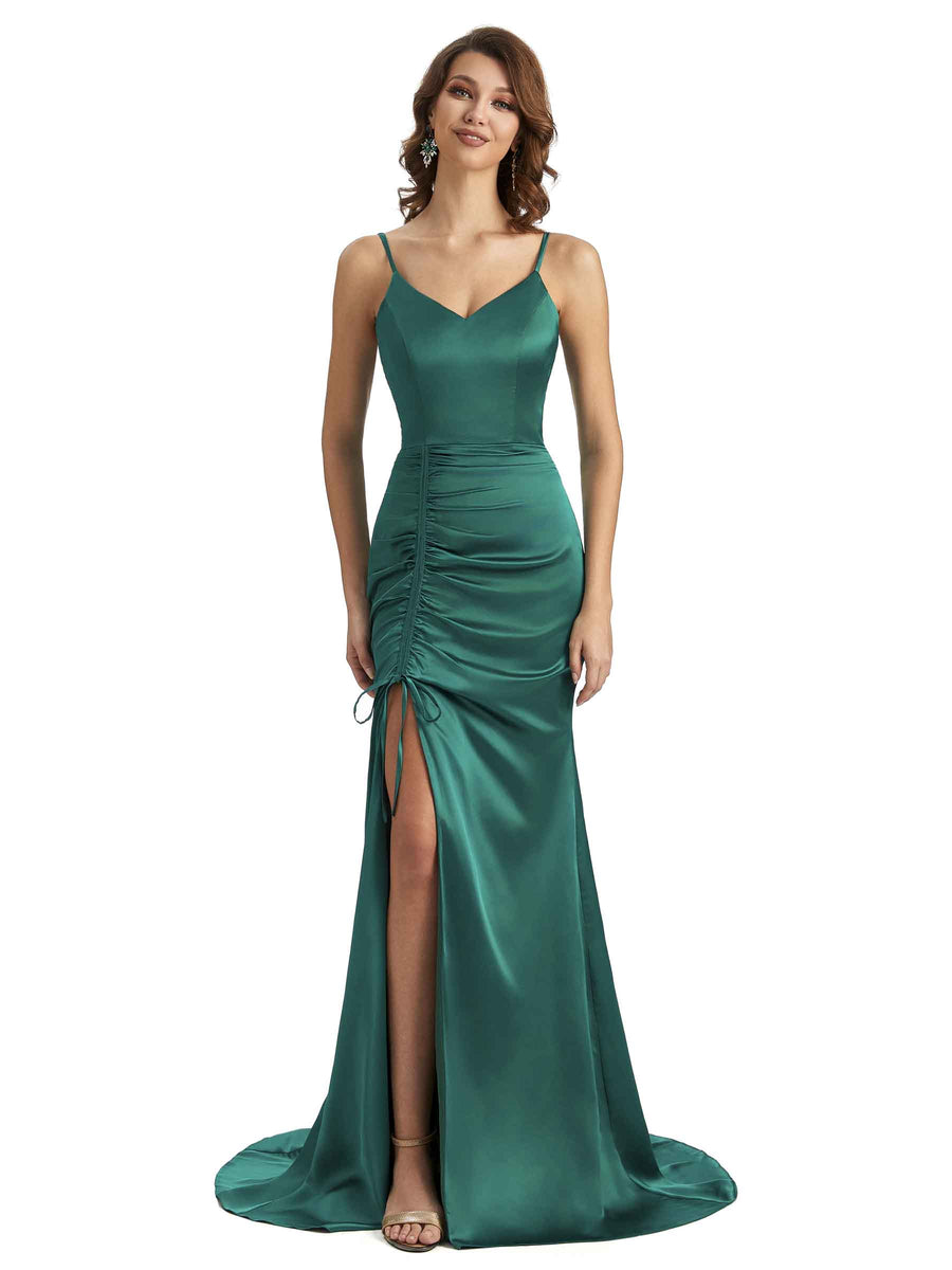 Sexy Spaghetti Straps Side Slit Mermaid Silky Satin Chic Long Bridesmaid Dresses