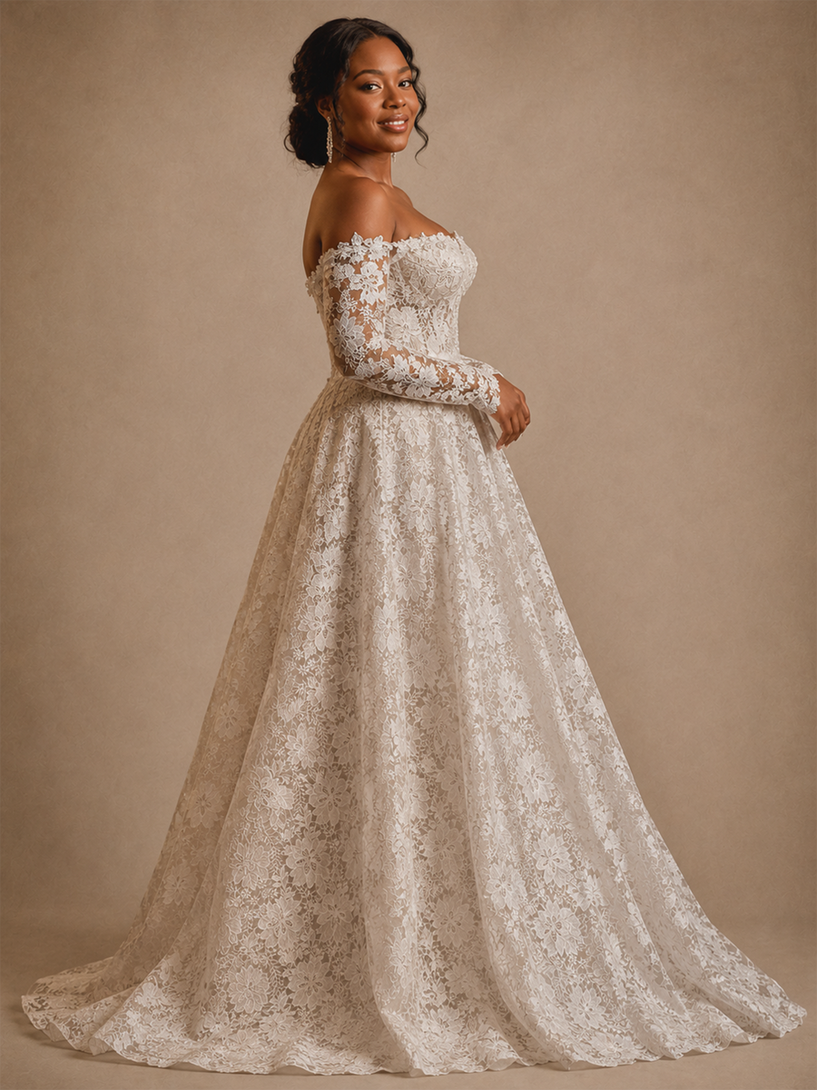 ChicSew Romantic Unique Sweetheart Long Sleeves Long A-Line Lace Wedding Dress