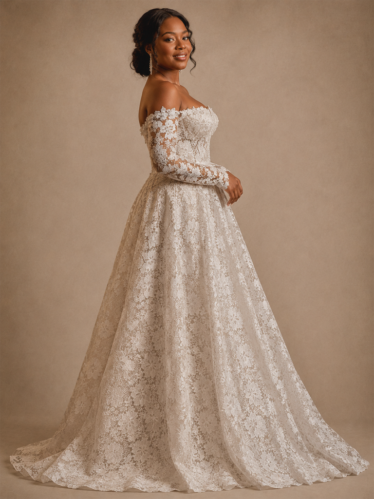 ChicSew Romantic Unique Sweetheart Long Sleeves Long A-Line Lace Wedding Dress