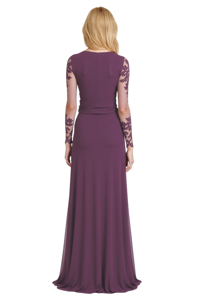 Elegant V-Neck Long Sleeves Lace Chiffon A-Line Long Mother Of The Bride Dresses