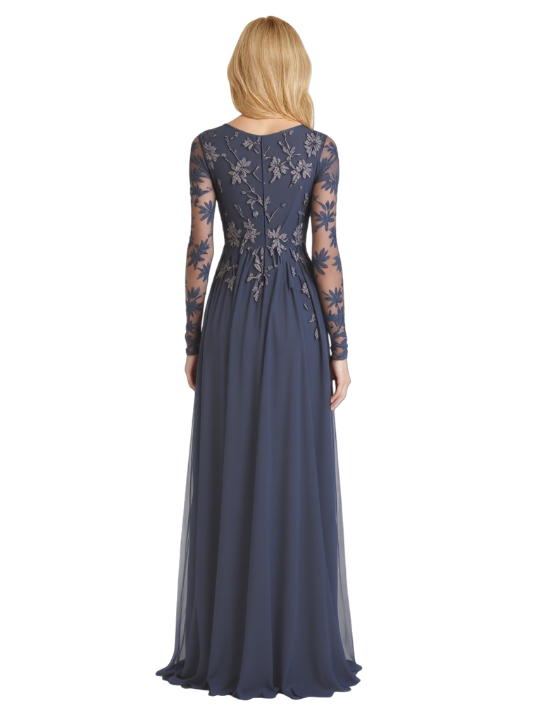 Elegant Scoop Long Sleeves Lace Chiffon A-Line Maxi Mother Of The Groom Evening Gowns