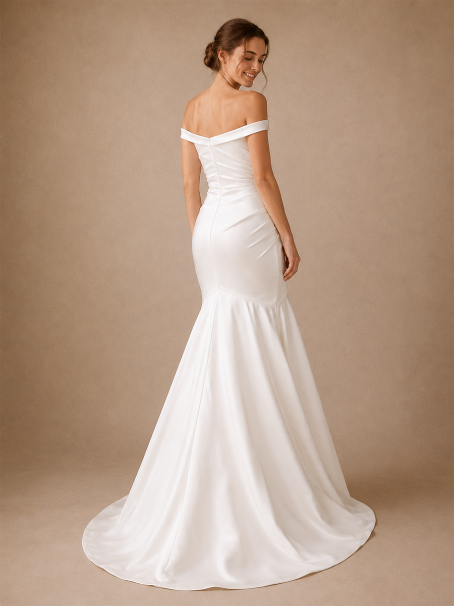 ChicSew Unique Ruched Off The Shoulder Satin Mermaid Floor-Length Wedding Dress