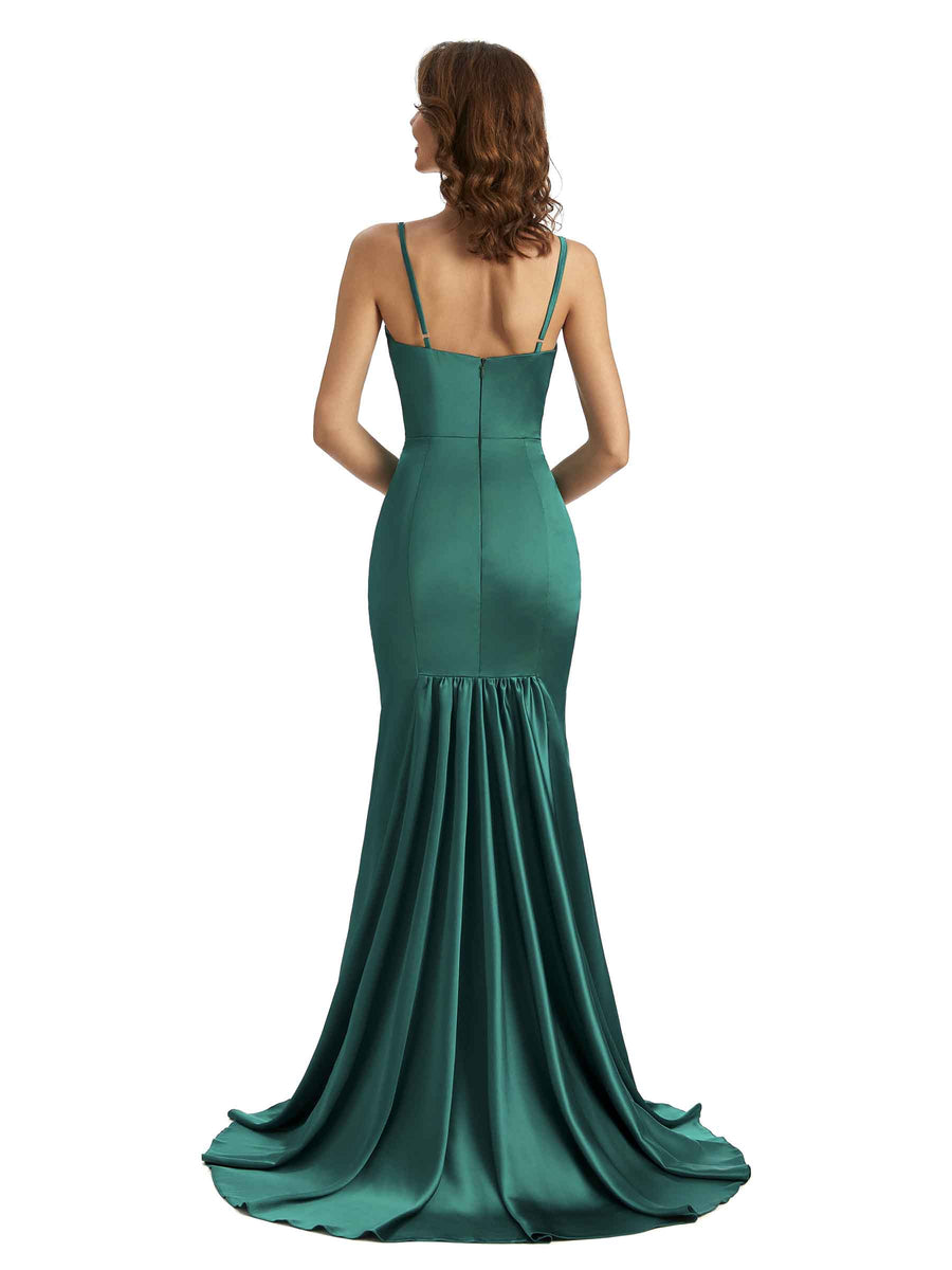 Sexy Spaghetti Straps Side Slit Mermaid Silky Satin Chic Long Bridesmaid Dresses