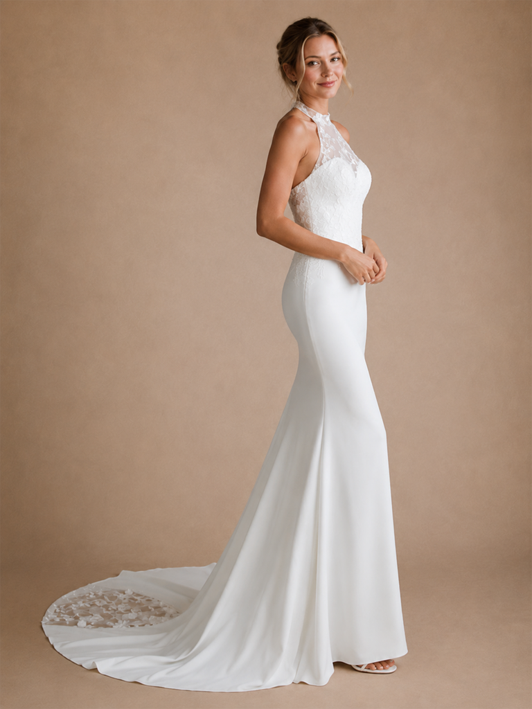 ChicSew Fancy Halter Sleeveless Mermaid Crepe Long Wedding Dress With Lace Appliques