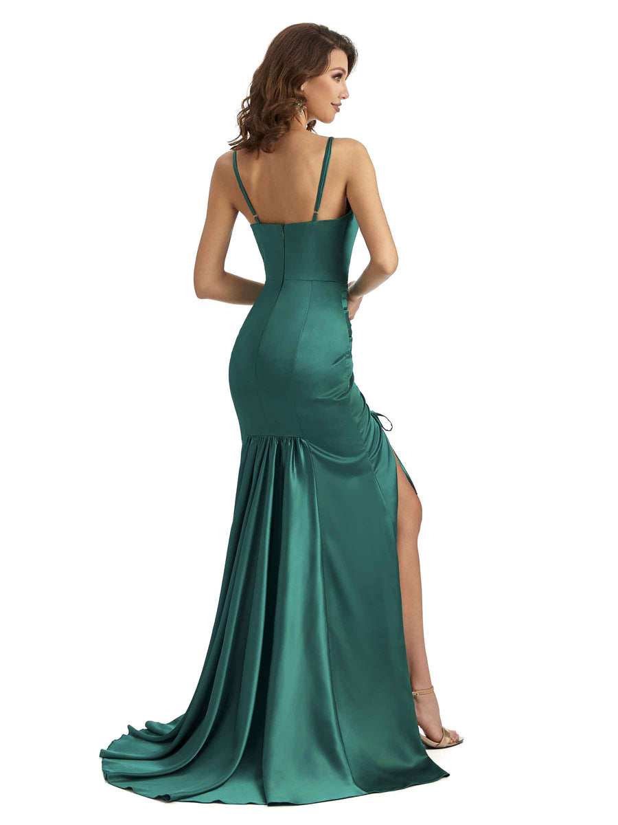 Sexy Spaghetti Straps Side Slit Mermaid Silky Satin Chic Long Bridesmaid Dresses