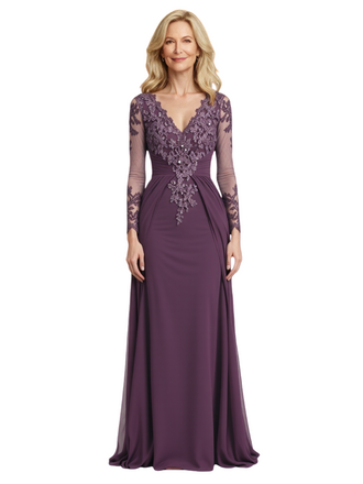 Elegant V-Neck Long Sleeves Lace Chiffon A-Line Long Mother Of The Bride Dresses