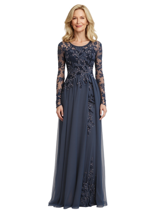 Elegant Scoop Long Sleeves Lace Chiffon A-Line Maxi Mother Of The Groom Evening Gowns