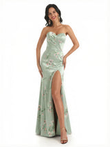Sexy Sweetheart Side Slit Mermaid Long Satin Floral Formal Dresses For Women