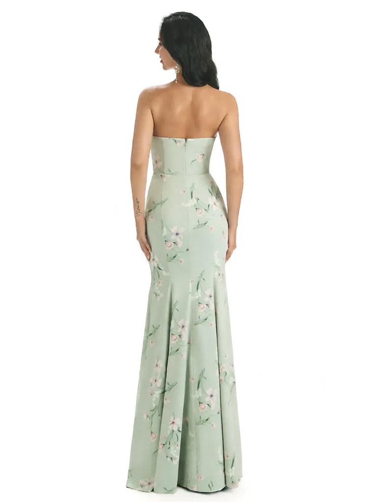 Sexy Sweetheart Side Slit Mermaid Long Satin Floral Formal Dresses For Women