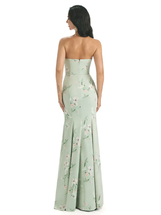 Sexy Sweetheart Side Slit Mermaid Long Satin Floral Formal Dresses For Women