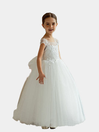 Flower Girls A-line Lace Top Princess Gown for Wedding Kids Guest with Bow Dress