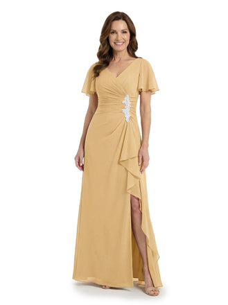 ChicSew Pretty Flutter Sleeves V-Neck Chiffon Ruched Mother Of The Groom Dresses With Slit
