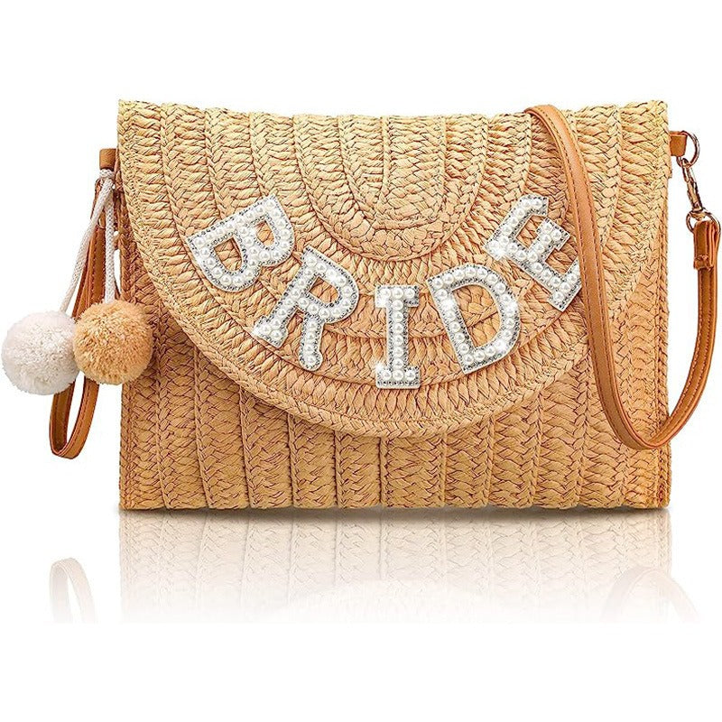 Bride Straw Shoulder Bag Woven Envelope Wallet Pearl Rhinestone Wedding Vacation Purse Honeymoon Bridal Shower Gift for Bride