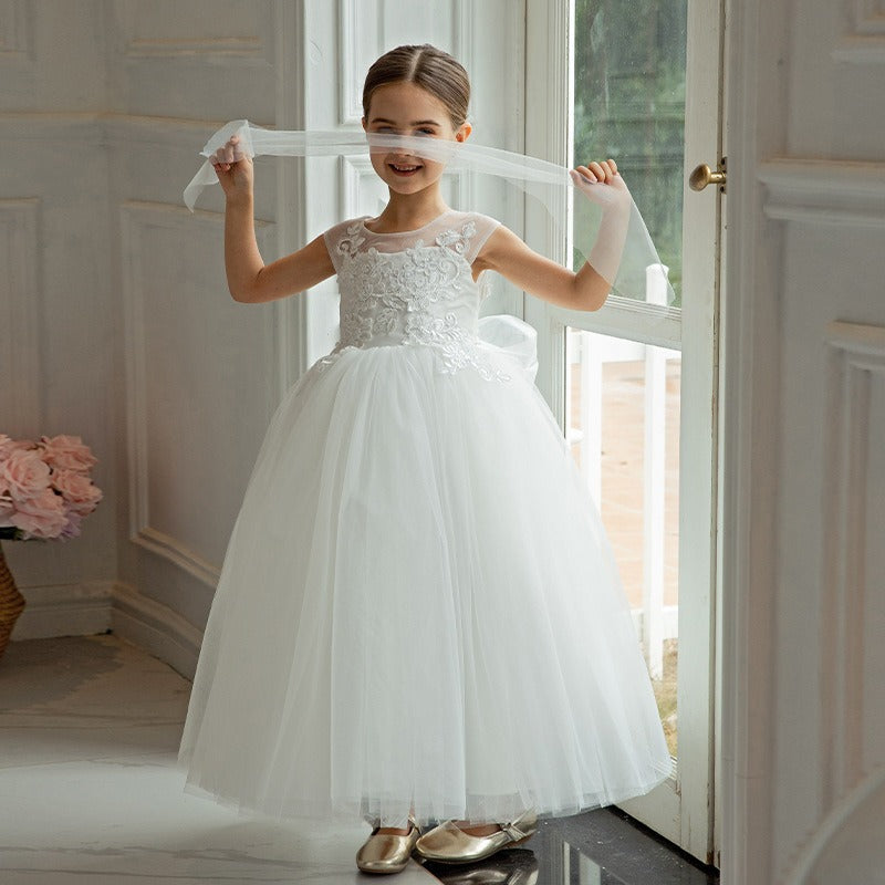 Flower Girls A-line Lace Top Princess Gown for Wedding Kids Guest with Bow Dress