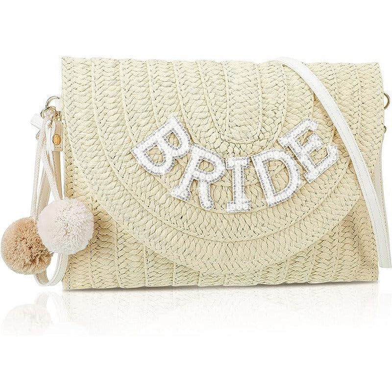 Bride Straw Shoulder Bag Woven Envelope Wallet Pearl Rhinestone Wedding Vacation Purse Honeymoon Bridal Shower Gift for Bride